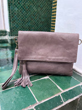 Load image into Gallery viewer, Mushroom Taupe Soft Shimmer Clutch Bag with long strap and wrist strap