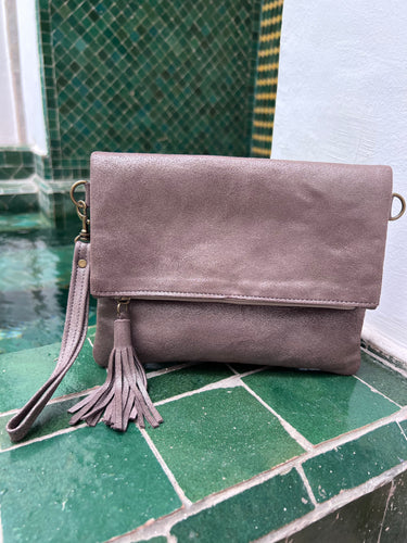 Mushroom Taupe Soft Shimmer Clutch Bag with long strap and wrist strap