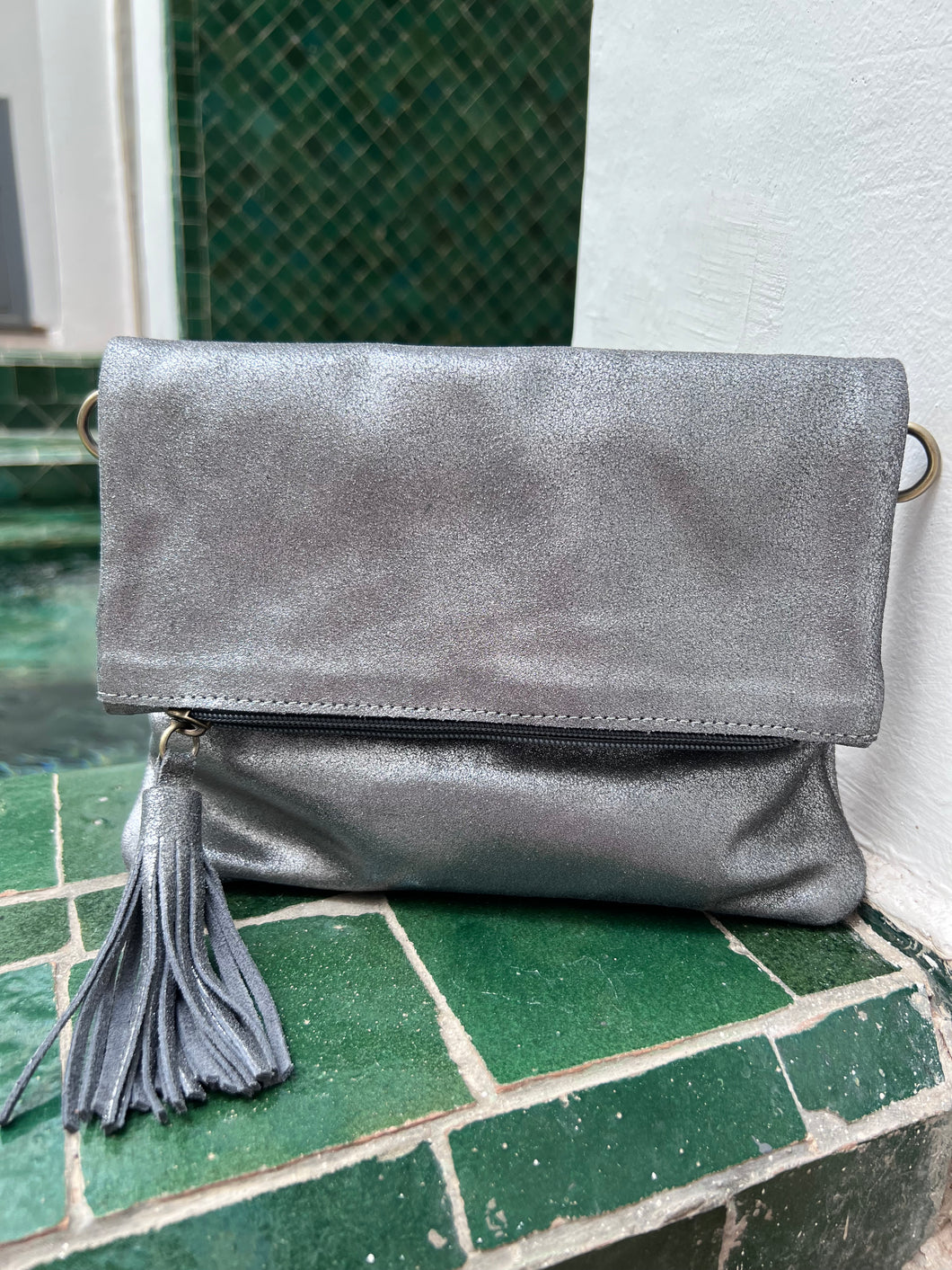 Gunmetal grey soft shimmer leather fold over handbag