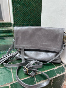 Gunmetal grey soft shimmer leather fold over handbag