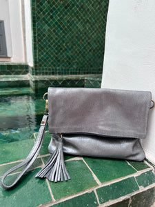 Gunmetal grey soft shimmer leather fold over handbag