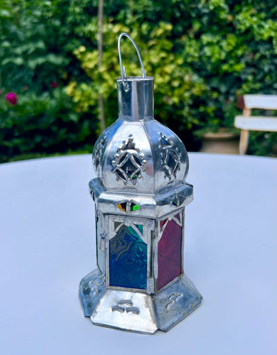 Moroccan Lantern with straight sides in blue, green, red and amber glass with a dome top