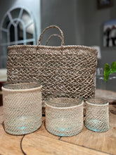 Load image into Gallery viewer, Recycled glass and woven raffia lantern