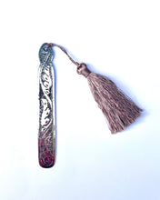 Load image into Gallery viewer, Etched bookmark with a taupe tassel