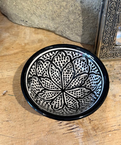 9 cm Black and white. safi pottery bowl. Handmade and individually handprinted in Morocco