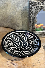 Load image into Gallery viewer, Black and white Moroccan pottery from Safi with a diamond shaped pattern