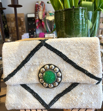 Load image into Gallery viewer, Black and White Berber Carpet Bag With Green Statement Buckle