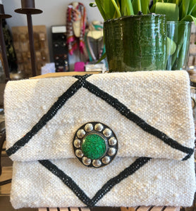 Black and White Berber Carpet Bag With Green Statement Buckle