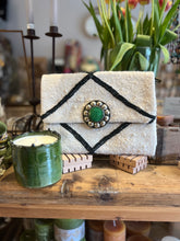 Load image into Gallery viewer, Black and white Berber Carpet bag with Green statement buckle