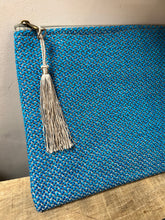 Load image into Gallery viewer, Bright turquoise generous sized clutch purse with a cactus silk grey tassel