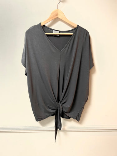 Dark grey t shirt with v neck and tie front