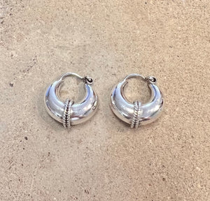 Sterling Silver Puff hoops with small tribal details