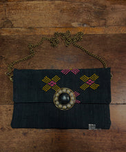 Load image into Gallery viewer, Cactus silk handbag in black with yellow and pink designs. Handmade in Marrakech