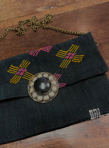 Cactus silk handbag in black with yellow and pink designs. Handmade in Marrakech
