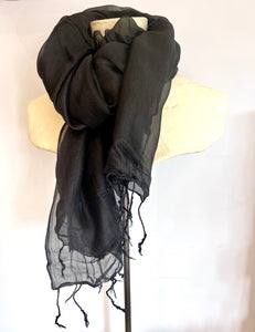 Black fine Vietnamese silk scarf with delicate woven tassels 