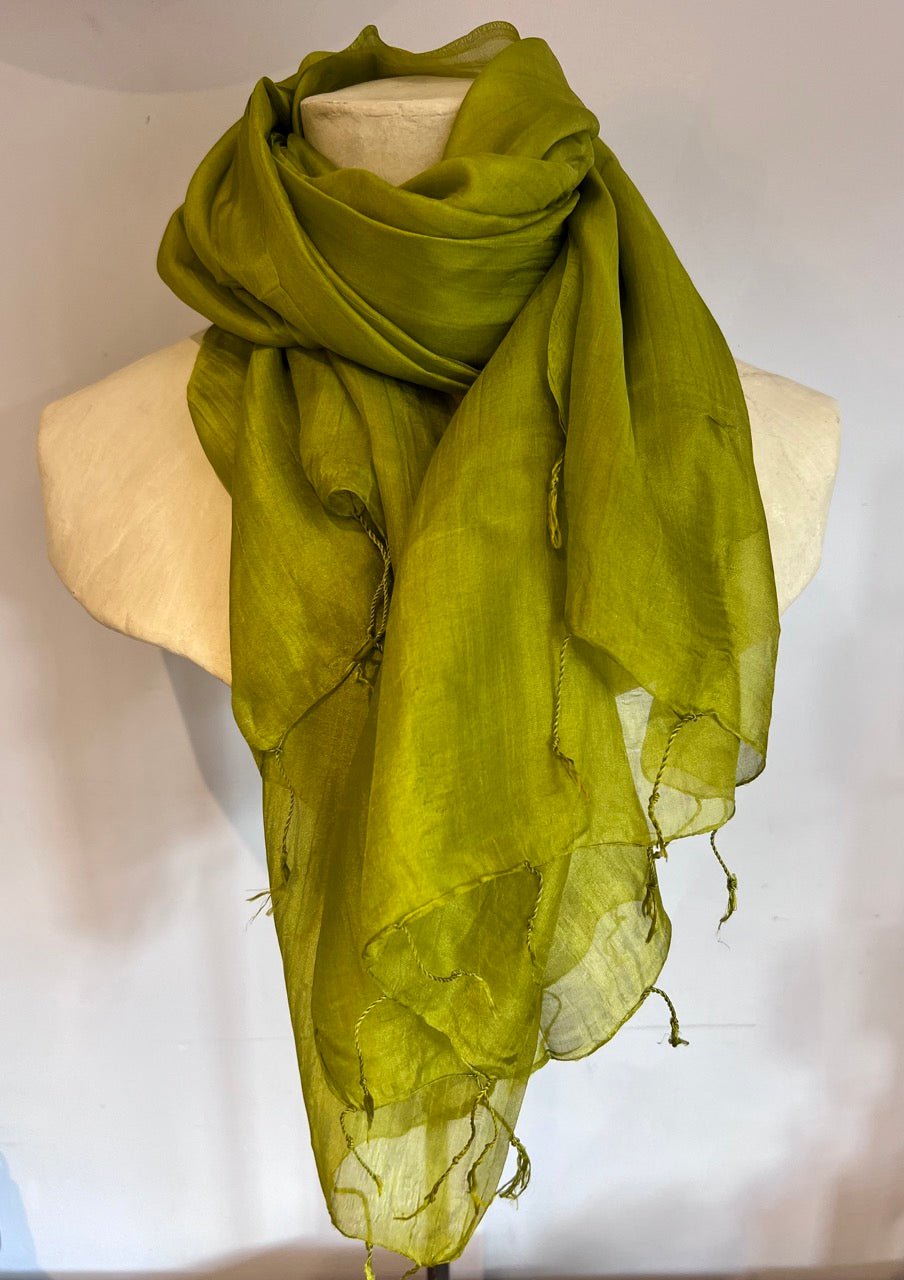 Olive green 100% fine silk scarf with delicate woven  tassels at each end.