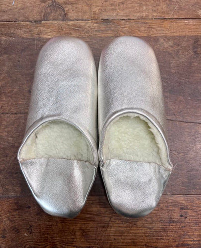 Silver Sheepskin Lined Moroccan Babouche Leather Slippers
