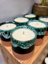 Load image into Gallery viewer, Jasmine scented candle in a green glazed pot