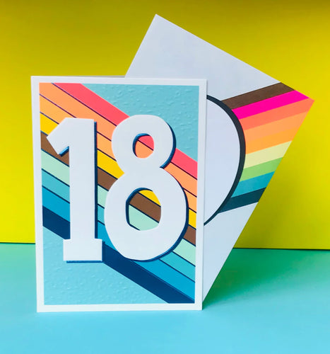 Chirpy neon 18th birthday card with rainbow stripes 