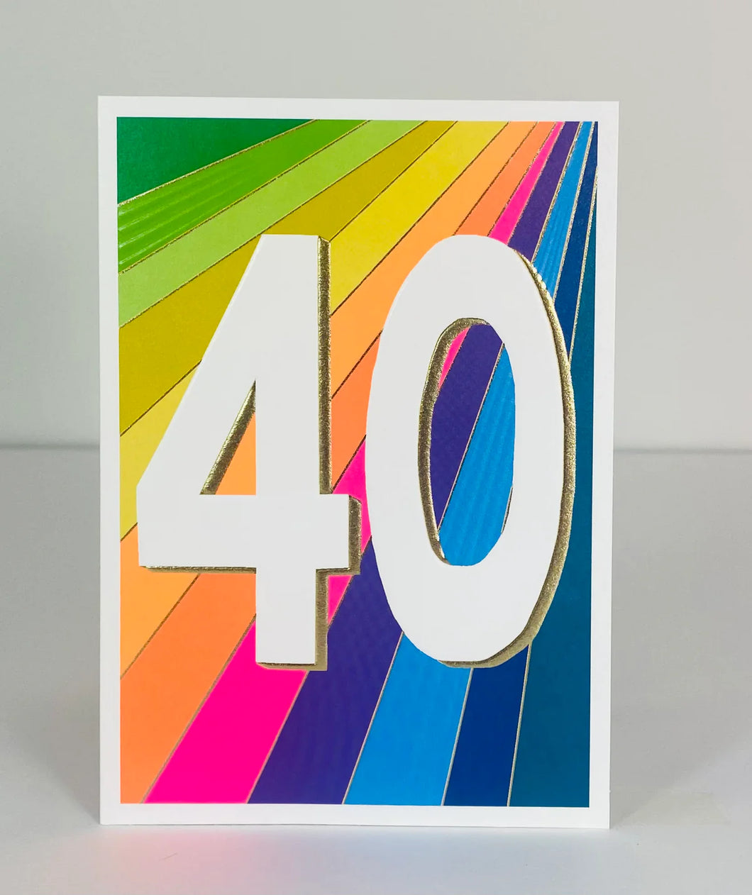 A fortieth birthday card with a large white 40 and the background a rainbow of neon colours