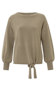 Sweater with a boatneck and tie front in a soft teak colour