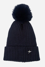 Load image into Gallery viewer, Navy bobble hat with a small silver star detail and faux fur pom pom