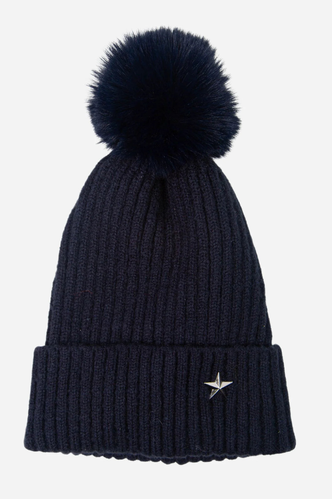 Navy bobble hat with a small silver star detail and faux fur pom pom