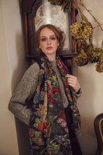 Load image into Gallery viewer, pure new wool scarf in black with flowers in bold and vibrant colours.