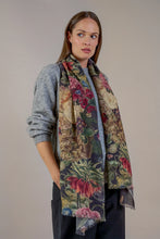 Load image into Gallery viewer, pure new wool scarf in black with flowers in bold and vibrant colours.