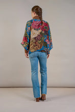 Load image into Gallery viewer, Colourful bouquets of flowers on a teal background on a classic kimono shape top