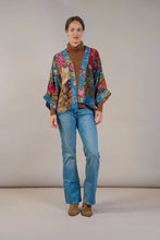 Load image into Gallery viewer, Colourful bouquets of flowers on a teal background on a classic kimono shape top