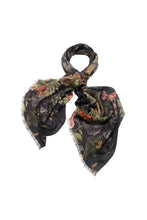 Load image into Gallery viewer, pure new wool scarf in black with flowers in bold and vibrant colours.