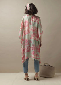 Loose mid-length kimono in pinks and olive on cream with images of Ancient Rome and Greece One Hundred Stars