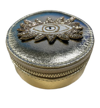 Load image into Gallery viewer, Gold jewellery travel pot with a stunning evil eye motif