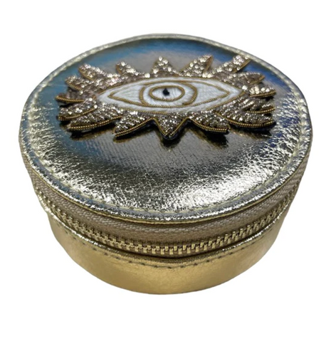 Gold jewellery travel pot with a stunning evil eye motif