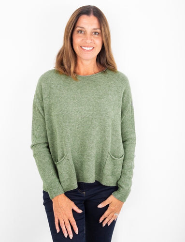 Light olive boxy sweater with two pockets at the front