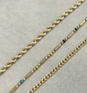 gold triple layered long necklace with coloured beads 