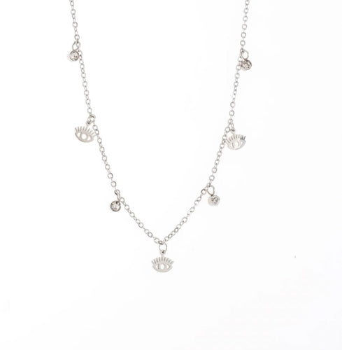 Tiny Eye and Crystal Necklace | Silver