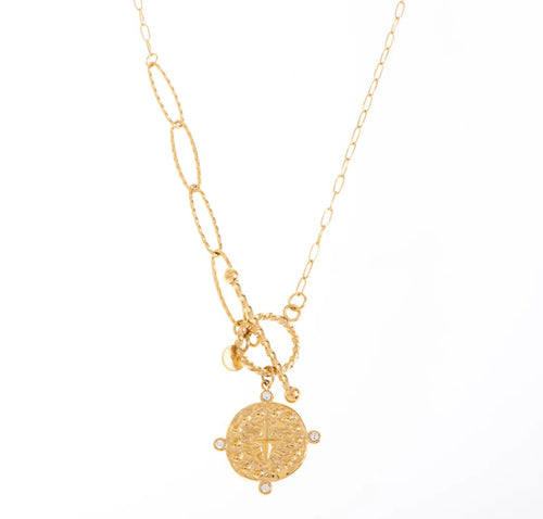 Medallion necklace with t bar closure