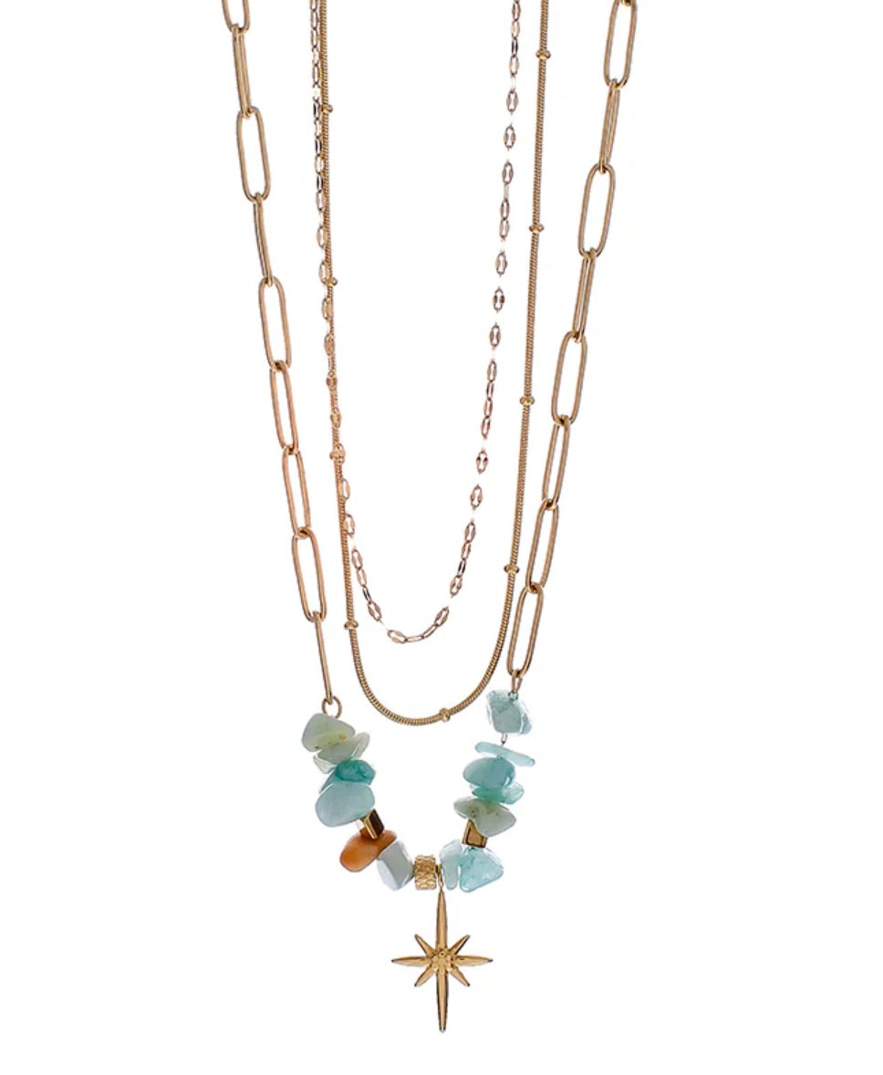 Triple Layer Natural Crystal Necklace | Amazonite | Gold Plated