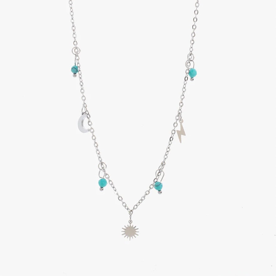 Sun Moon and Lightening with Malachite Drops Necklace | Silver