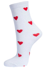 Load image into Gallery viewer, White ankle socks with small love hearts in red and a metallic silver thread through them