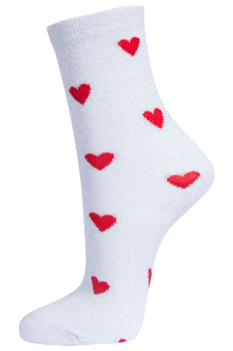 White ankle socks with small love hearts in red and a metallic silver thread through them