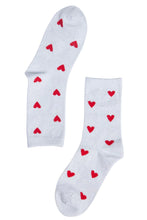 Load image into Gallery viewer, White glitter socks with small red hearts on them