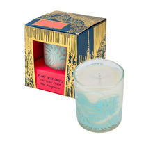Load image into Gallery viewer, Wave design candle with a blue design on glass. No paraffin or animal ingredients.