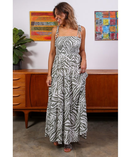 Grey and white zebra print maxi dress with sheering top and scrappy straps