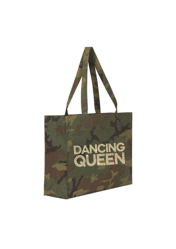 Gold glitter DANCING QUEEN printed on an oversized recycled shopper