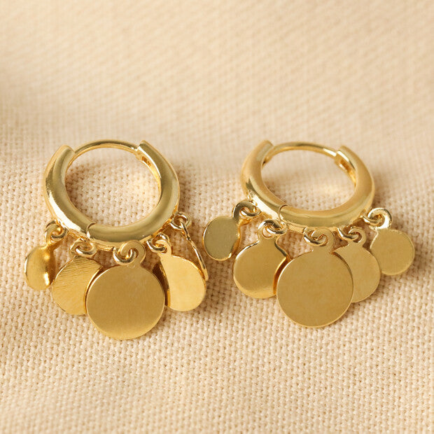 Gold disc charm small hoop earrings