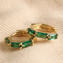 Load image into Gallery viewer, Green Baguette Crystal Huggie Hoop Earrings | Gold