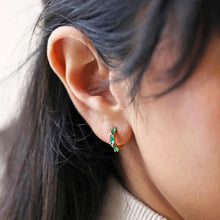 Load image into Gallery viewer, Green Baguette Crystal Huggie Hoop Earrings | Gold